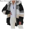 冬の暖かいコートの上着の女性のフード付き豪華なジャケットの女性の厚いふわふわの毛深い偽の毛皮の服プラスサイズのジッパーオーバーコート211129