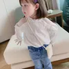 夏の女の子シャツレーススタンドアップカラーガーゼトップフローラル長袖シフォン春の女性服子供服210625