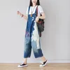 Johnature solta lazer retro patchwork impressão bolsos ajustáveis ​​denim jumpsuits verão mulheres plus tamanho grande perna calça 210521