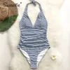 SEASELFIE Blue Stripe Halter Swimsuit Sexy Open Back Swimwear Women Monokini Bodysuit Bathing Suit Beachwear 210630