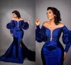 Royal Blue Aso Ebi Evening Pageant Dresses 2021 Floral Long Sleeve Sexy High Slit African Arabic Mermaid Prom Reception Dress