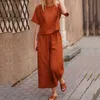 Autumn Office Lady Elegant Long Sleeve Outfit Women Solid Cotton Linen Two Piece Sets Casual O Neck Tops + Wide Leg Pants Suits 210819