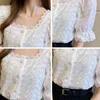 Yaz Gömlek Kore Tarzı Vahşi Dantel Kadınlar Kare Yaka Kısa Kollu Vintage Zarif Bluz Blusas Oymak 13934 210521