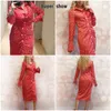 Glamaker Polka dot imprimé rouge mode robe midi hiver automne satin bureau dames boutons style robe élégante 210730