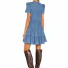 Aelegantmis Vintage Denim Elbise Kadın Puf Kol Kısa Gevşek Mini Elbiseler Kadın O Boyun Bir Çizgi Vestidos Moda 210607