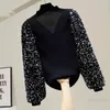 Broderi Sequins Stickat För Kvinnor Retro Lantern Sleeve Sweater Slim-Fit Stand Collar Knitwear Kvinna All-Match 210428