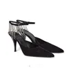 Elegant Vesper Sling Sandals Обувь для женщин-Трешитая цепная замшевая замша Остановленная носок Брендные насосы, украшенные цепные горнолыжные ремни Леди высокие каблуки EU35-40