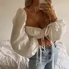 white bowknot lace up crop tops women puff sleeve short blouse streewear vintage spring autumn 210427