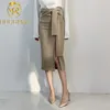 Kobiety Elegancka Płaszcza Wrap Spódnice Front Split Koreański Ol Styl Wysoka Talia Chic Work Nosić Rysunek 210506