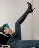 Çizmeler 7.5 cm Yüksek Ince Topuk Seksi Streç Bez Diz Sivri Burun Kadın Topuklu Boot Lady Siyah Bej Fermuar Ayakkabı 2021 Sonbahar