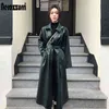 Nerazzurri Autumn long leather trench coat for women long sleeve belt buttons faux leather raincoat women Korean fashion 211110