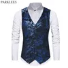 Luksusowy Paisley Floral Print Kamizelka Mężczyzna Marka Królewska Blue Bez Rękawów Kamizelka Kamizelka Męskie DJ Club Party Wedding Groom Kamizelki 210522