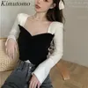 Kimutomo stickad tröja höst wnter fransk stil kvinnlig fyrkantig krage patchwork smal långärmad korta toppar 210521