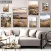 Gemälde Landschaft Poster Hirsch Schaf Wandkunst Druck tote Gras -Leinwand Malerei Berge Poster Nordische Bilder Wohnzimmer Deco8259352