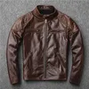 Kurtka motocyklowa 100% Cowhid Brown Mens Skórzany Płaszcz Biker Casual Topy Slim Fit Płaszcz Outerwear Streetwear Plus Size S-4XL
