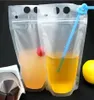 500 stks Clear Drink Zakjes Zakken frosted Rits Stand-up Plastic Drinkzak met rietje met houder Hersluitbare Hittebestendig