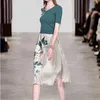 Women 2 Piece Set Floral Print Skirt and Knitted Blackish Green Pullover Summer V-Neck Short Sleeve Crop Top 2 Outfit 210519