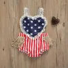 Byxor Spädbarn Baby Flickor Romper Sommar Star Stripe Hjärta Independence Day Spets Ärmlös hängslen Jumpsuit Småbarnsdräkter