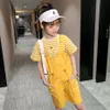 Kızlar Giyim Çizgili Tshirt + Tulum Çocuk Casual Stil Kız Giyim Yaz Kostüm Için 210528