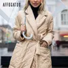 Affogato Long straight coat with rhombus pattern Casual sashes women winter parka Deep pockets tailored collar stylish outerwear 211008
