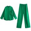 Przypadkowa kobieta Zielona Luźna Koszula Koszulka Wiosna Moda Kobiet Solidna Długie Rękaw Set Ladie Miękkie Garnitury 210515