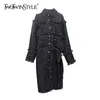 Twotwinstyle Vintage Patchwork Tassel Tweed Coat för Kvinnor Lappel Långärmad Asymmetriska Split Coats Kvinnliga Kläder Fall 210517