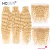 Peruanska mänskliga hårbuntar med spets frontalare till örat 613 Blondin 13x4 Genomskinlig HD lockigt våt och vågig vattenvågkropp rakt