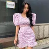 Summer Fashion Sweet Pink Floral print Puff Sleeve Crop Top+High Waist Pack Hip Fishtail Skirt Women's Two Piece Set 210519