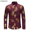 Vinho Men's Vermelho Paisley Impressão de Manga Longa Camisa Casual Slim Fit Camisa de Vestido Premium Homens Negócios Polk Polk Dot Chemise Homme XL 210522