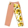 Jeans Woman Vintage High Waist Pants Fit Young Girls Cute Sunflower Stitching Pattern Autumn Winter Trousers Female Orange 210629