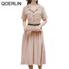 Elegant Shirts Dresses Women Midi Pleated Short Sleeve Belted Slim Waist Female Workwear Vestidos Femme 210601