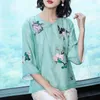 Blusas das mulheres Camiseta Casual Half Manga Flor Impressão Solta Mulheres Oversized Algodão e Linho Tops Vintage Streetwear Túnica Tees