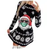 Casual Dresses Print Christmas Strikked Dress Women 2021 Höst Vinter Sexig Mini Long-Sleeve O-Neck Warm #f