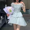 Verão Design Floral Doce Vestido De Manga Curta Chiffon Elegante Estilo Coreano Quadrado Festa de Colar para Fêmea 210529