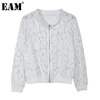 [EAM] Hollow Out Lace Hook Flower Loose Jacket Stand Collar Long Sleeve Women Coat Fashion Spring Summer 1DD7214 21512
