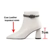 Meotina Crystal Real Leather High Heel Ankel Boots Kvinnor Skakade Toe Tjocka Klackar Zip Korta Stövlar Kvinna Höst Vinter 41 210520