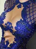 Sexy Blue Print Dancer Bodysuit Women Long Sleeve Elastic Crystal Jumpsuit Female Club Showgirl Stage Leotard Costume 210622