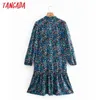 Tangada Mode Vrouwen Blauw Floral Print Losse Shirt Jurk Lange Mouw High Street Ladies Midi Jurk XN251 210609