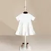 Sommerkleid Baumwolle Peter Pan Kragen Mädchen Kurzarm Kleid A-Linie Grau/Rot Kinderkleid Schöne Kinderkleider für Mädchen Q0716
