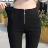 Korean Style Womens Casual Skinny Stretch Pencil Pants Zipper Joggers Black Leggings with Pocket Women High Waist Leggins Mujer 211203