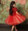 Sparkling Ball Gown Girl's Pagant Klänningar Sequins Bodice Red Flower Girls Dress Tulle Kortärmad Ålder 5 6 7 8 9 10 Prom Gown Födelsedagsfest