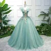 Groene quinceanera jurk elegant v-neck party prom ball jurk mouwloze zoete bloemenprint quinceanera jurken plus size vestidos