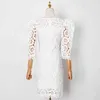 Elegant White Dress For Women O Neck Puff Sleeve High Waist Hollow Out Dresses Female Fashion Clothing 210520