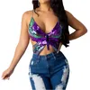 Nova Chegada Mulheres Borboleta Feminina Halter Halter Top Sexy Profundo V-Pescoço Decote Vest Backlcrops Para Summer Wear X0507