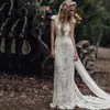 Ivory 2021 Berta Full Lace Mermaid Trouwjurken Bruidsjurken V-hals Cap Mouw Strand Tuin Custom Made Vestido de Novia