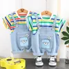 Kleding sets jongens streep t-shirt + denim jarretel broek 2 stks pak 2021 zomer korte mouw kinderen meisjes schattige kleding overalls baby outfits