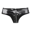 Women's Leather Shorts Panties Black Sexy Erotic Lingerie Zippered Open Crotch Low Rise Bikini Briefs Underwear Shiny Underpa328q