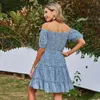 Boheemse bloemenprint zomerjurk vrouwen elegante slash nek gegolfde a-lijn vrouwelijke desses hoge taille dames kleding