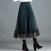 Women Vintage Long Lace Tulle Skirts Autumn Hollow Out Black Spring Pleated Skirt Plus Size Elastic Waist Midi skirts 210421