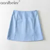 Summer Mini Skirt Sexy A Line High Waisted Office Ladies Split s Back Zipper s Blue Purple Pink 210604